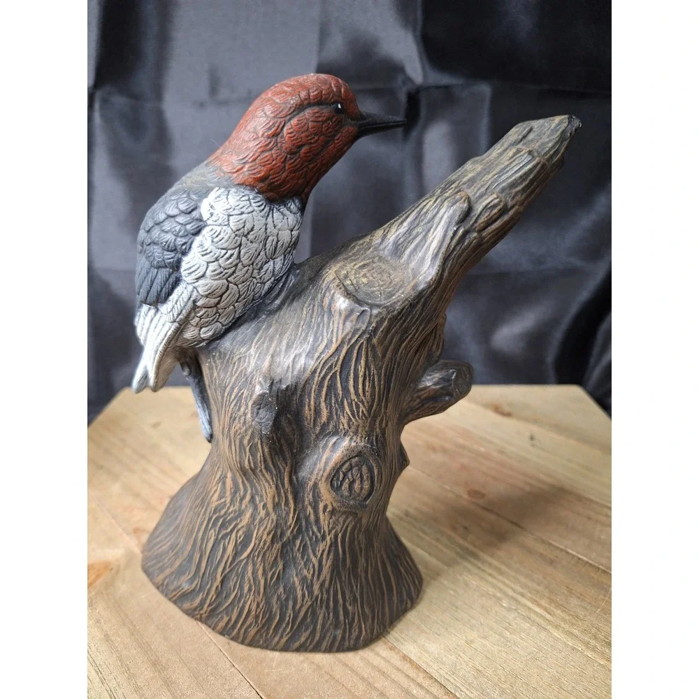 Vintage Red Headed Woodpecker Ceramic Figurine Bird on Tree Stump Statue 8.5